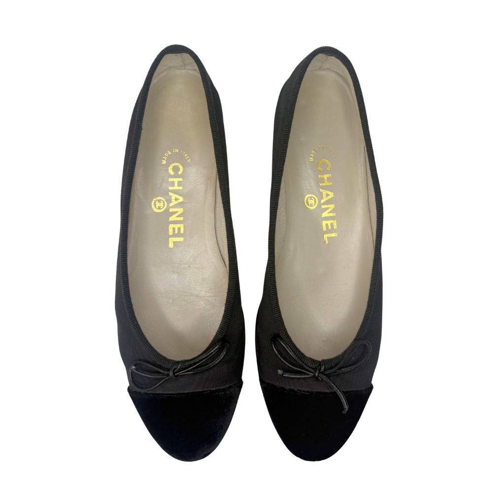 Chanel Black Grosgrain and Velvet Bow Ballet Flats
